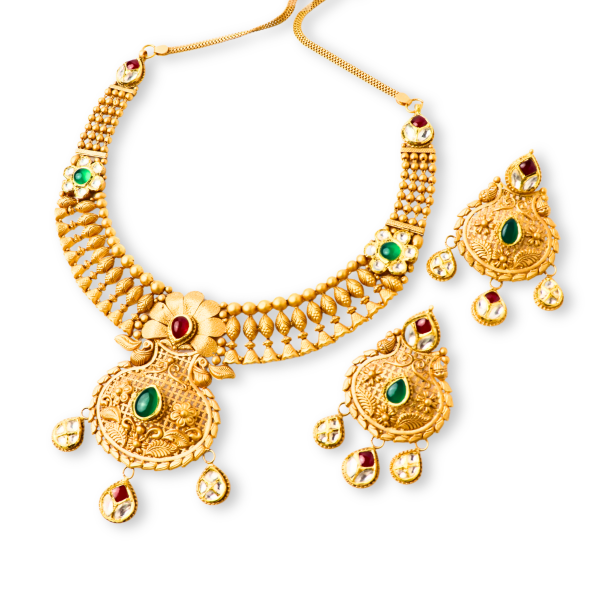 22K Gold Necklace Set With Gemstones Like Ruby,Emerald & Kundan