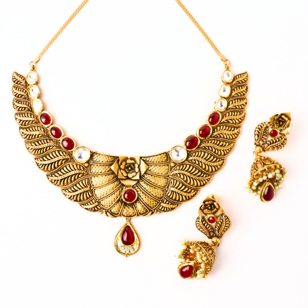 Classic Antique Necklace Set with Gemstone in 22K Gold