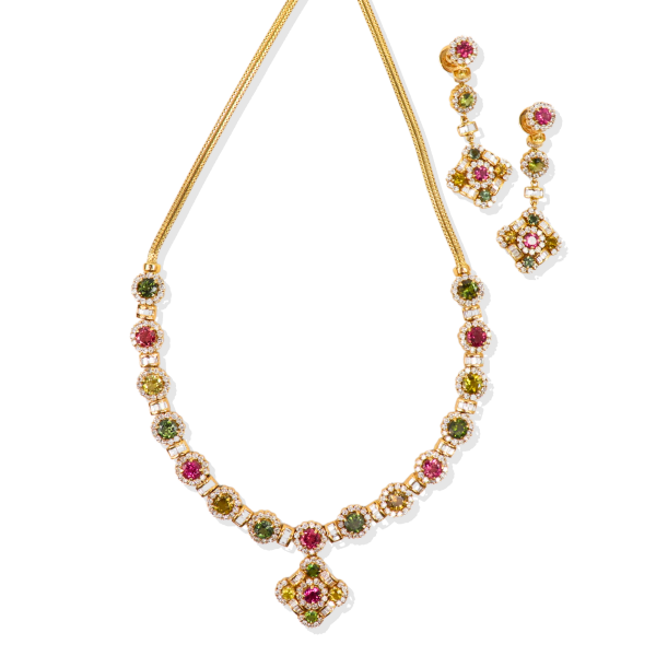 11.50 CT Diamond Necklace Set in 18K Gold With Gemstone 