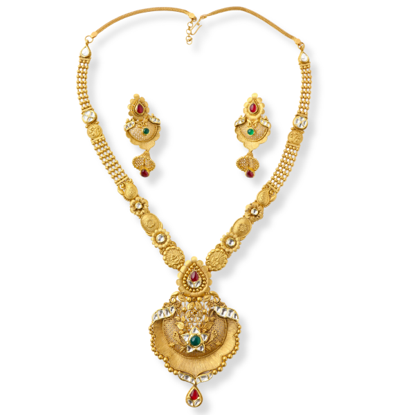Antique Necklace Set with Kundan, Ruby & Emerald Gemstones in 22K Gold