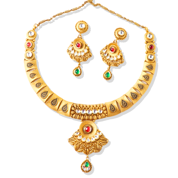 Hand-crafted Antique Necklace Set With Kundan & Gemstones in 22K Gold