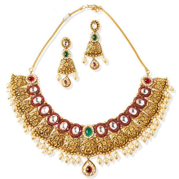 22K Gold Antique Necklace Set With Beutiful Minakari and Decorated With Pearls and Gemstones 