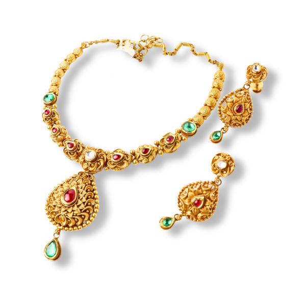 Antique Necklace Set With Gemstones in 22K Gold