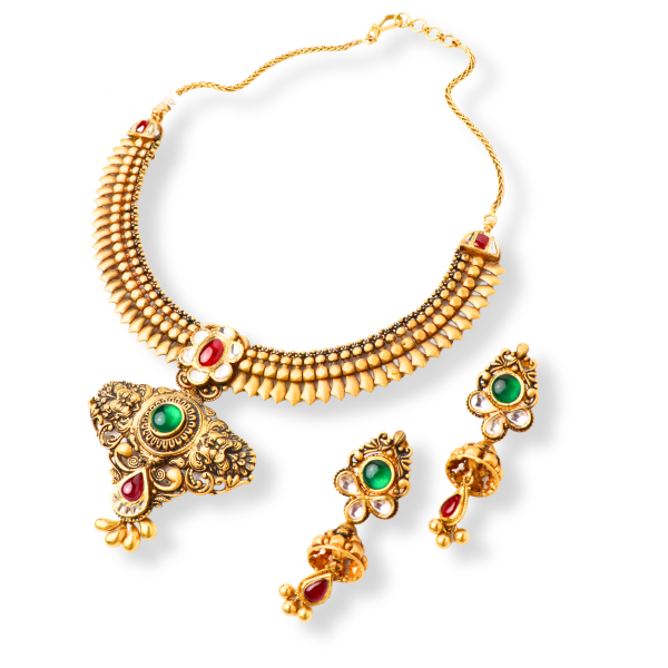 Antique Necklace Set with Kundan Gemstones in 22K Gold