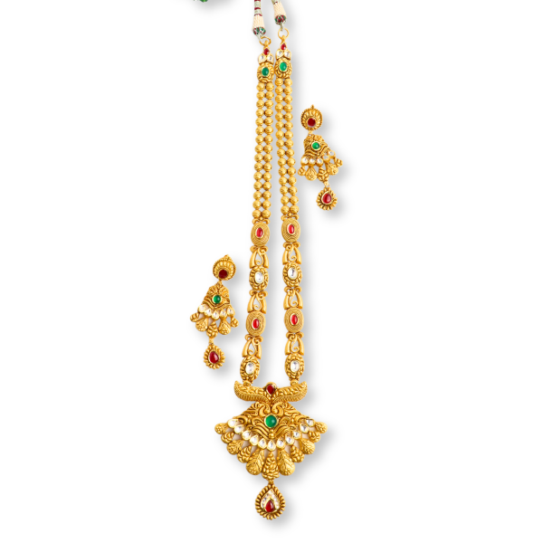 Artisan Antique Necklace Set With Gemstones in 22K Gold